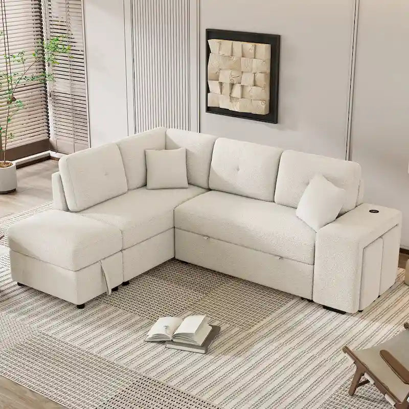 87.7  Convertible Sleeper, Sectional Pull Out Sofa Bed with Storage Ottoman, 2 Throw Pillows, 2 Stools, Wireless Charger and Two