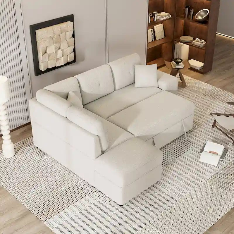 87.7  Convertible Sleeper, Sectional Pull Out Sofa Bed with Storage Ottoman, 2 Throw Pillows, 2 Stools, Wireless Charger and Two