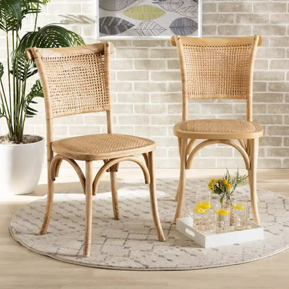 Fields Mid-Century Woven Rattan and Natural Wood Dining Chair Set (2PC)