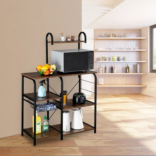 Kitchen Baker's Rack 35.5 Microwave Stand 4-Tier Spice Rack Organizer Workstation with 10 Hooks