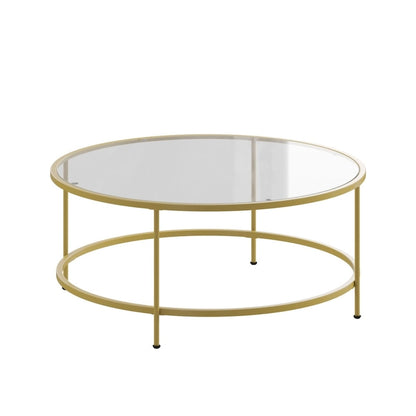Glass Living Room Coffee Table with Round Metal Frame