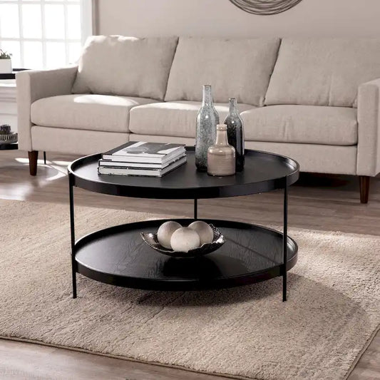 SEI Furniture Vaquero Mid Century Modern Round Wood Grain Two Tier Coffee Table