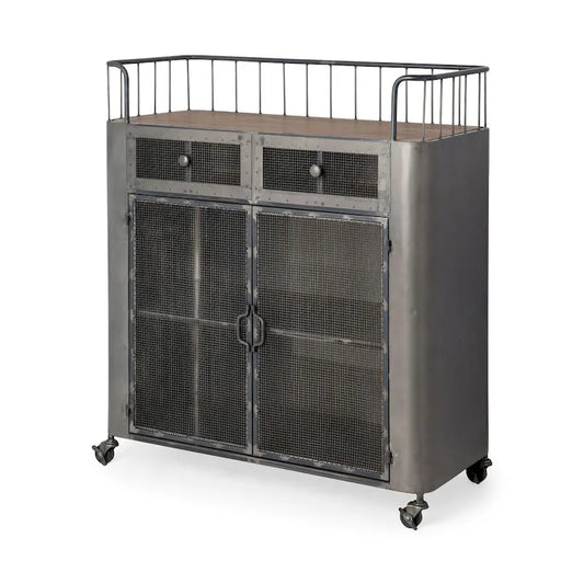 Udo Gray Metal & Brown Wood Top Bar Cart - 16.5L x 35.4W x 40.7H