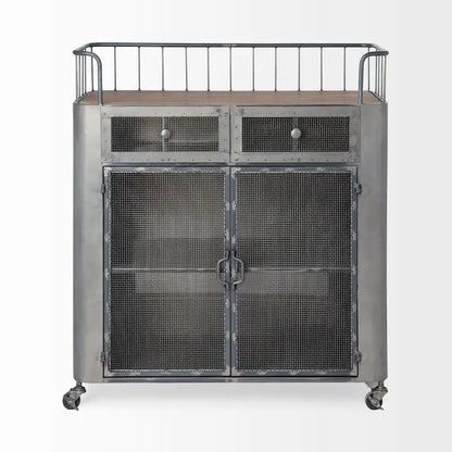 Udo Gray Metal & Brown Wood Top Bar Cart - 16.5L x 35.4W x 40.7H