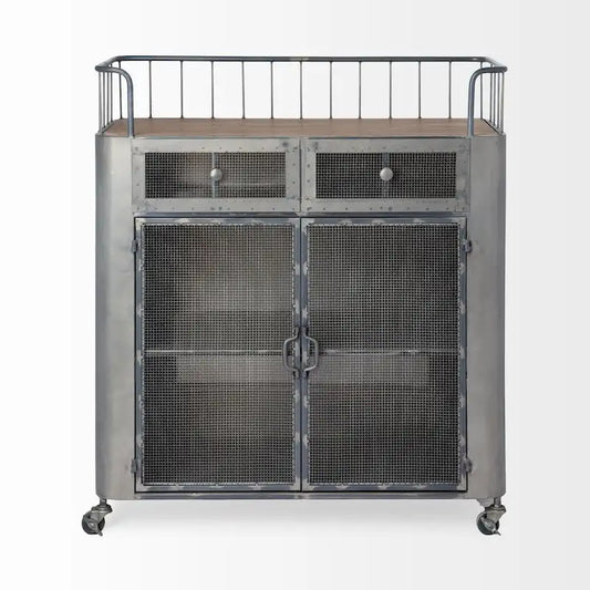 Udo Gray Metal & Brown Wood Top Bar Cart - 16.5L x 35.4W x 40.7H