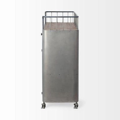 Udo Gray Metal & Brown Wood Top Bar Cart - 16.5L x 35.4W x 40.7H