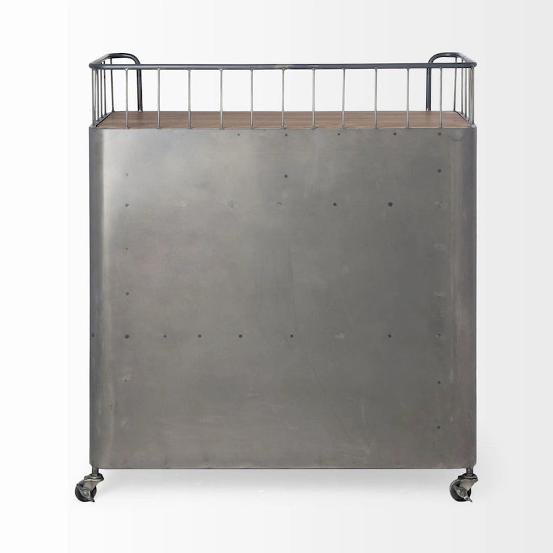 Udo Gray Metal & Brown Wood Top Bar Cart - 16.5L x 35.4W x 40.7H