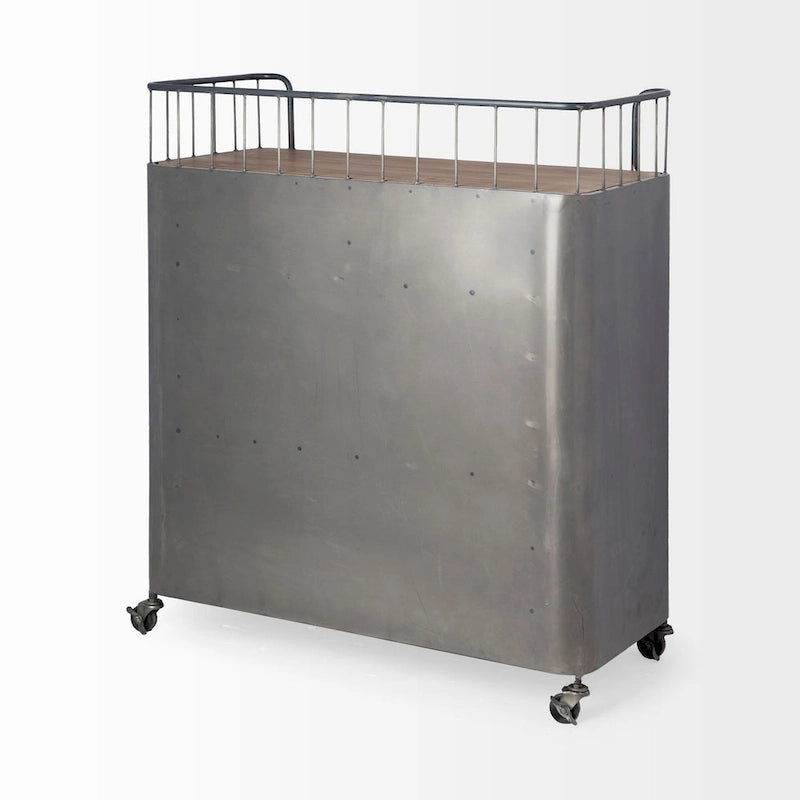 Udo Gray Metal & Brown Wood Top Bar Cart - 16.5L x 35.4W x 40.7H