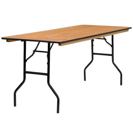 6-Foot Rectangular Wood Folding Banquet Table with Clear Coated Finished Top - 72D x 30W x 30.25H