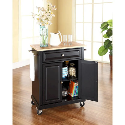 Crosley Black Wood Portable Kitchen Cart/Island with Natural Wood Top - 31W x 18D x 35.5H