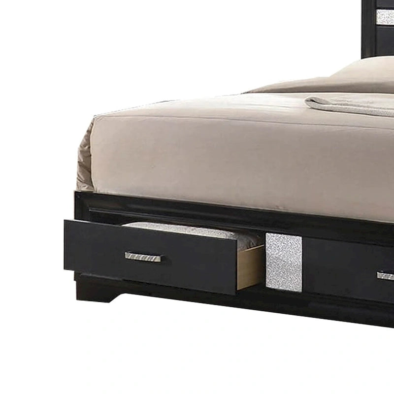 Wooden California King Size Bed with 2 Storage Drawers, Black and Silver