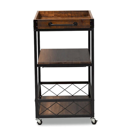 Industrial Oak Brown Bar Cart with Stemware Rack