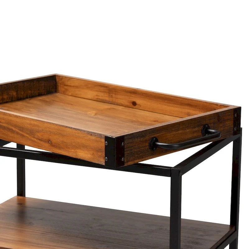 Industrial Oak Brown Bar Cart with Stemware Rack