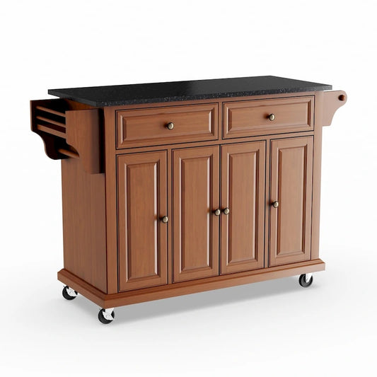 Crosley Full Size Solid Black Granite Top Classic Cherry Finish Kitchen Cart - 18d x 51.5w x 36h