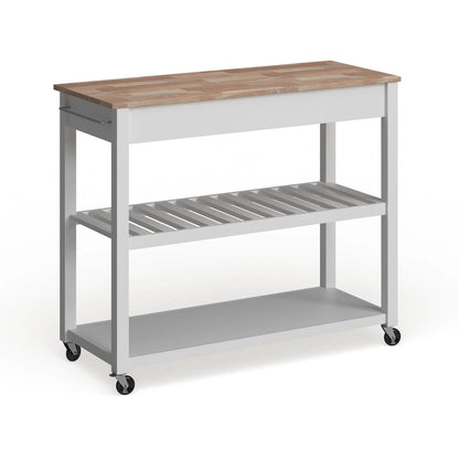 Crosley Natural Wood Top Kitchen Cart/ Island With Optional Stool Storage in White Finish - 17d x 43w x 35h