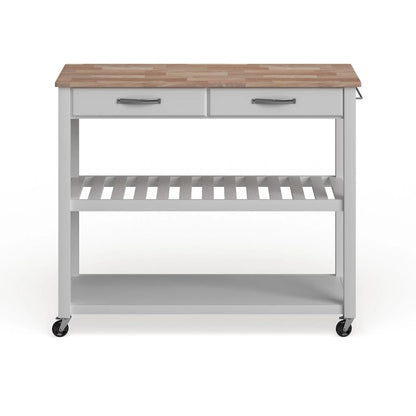 Crosley Natural Wood Top Kitchen Cart/ Island With Optional Stool Storage in White Finish - 17d x 43w x 35h