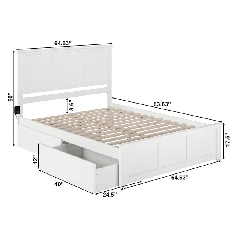 White Queen Platform Bed with Storage Drawers