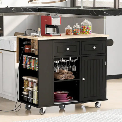 Kitchen Island with Power Outlet,Kitchen Storage Island with Drop Leaf and Rubber Wood - N/A