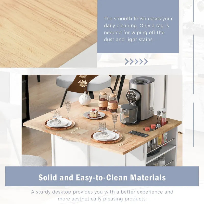 Kitchen Island with Power Outlet,Kitchen Storage Island with Drop Leaf and Rubber Wood - N/A