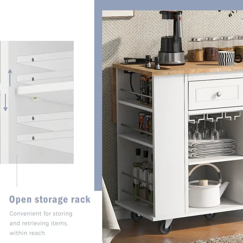 Kitchen Island with Power Outlet,Kitchen Storage Island with Drop Leaf and Rubber Wood - N/A