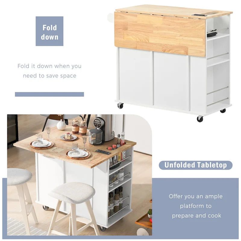 Kitchen Island with Power Outlet,Kitchen Storage Island with Drop Leaf and Rubber Wood - N/A
