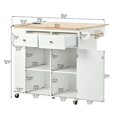 Kitchen Island with Power Outlet,Kitchen Storage Island with Drop Leaf and Rubber Wood - N/A