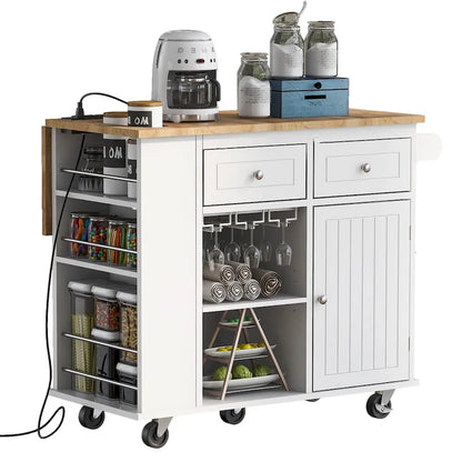 Kitchen Island with Power Outlet,Kitchen Storage Island with Drop Leaf and Rubber Wood - N/A