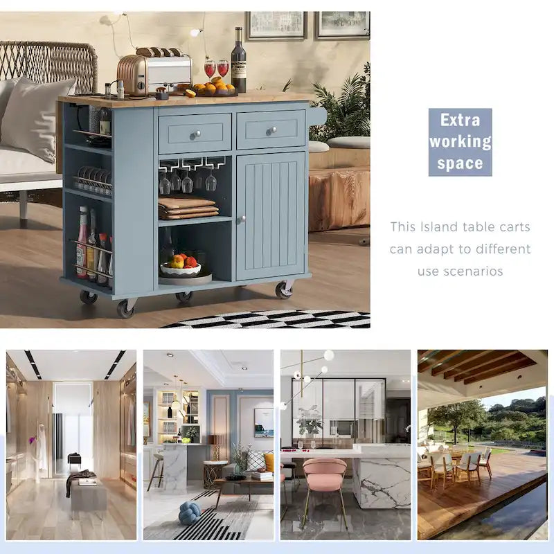 Kitchen Island with Power Outlet,Kitchen Storage Island with Drop Leaf and Rubber Wood - N/A
