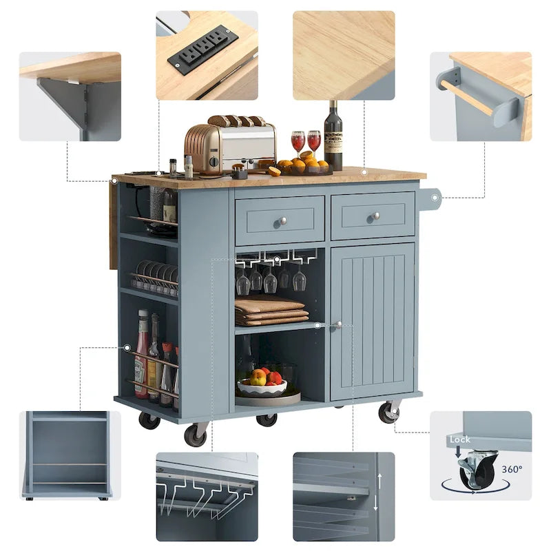 Kitchen Island with Power Outlet,Kitchen Storage Island with Drop Leaf and Rubber Wood - N/A