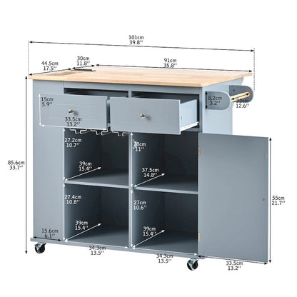 Kitchen Island with Power Outlet,Kitchen Storage Island with Drop Leaf and Rubber Wood - N/A