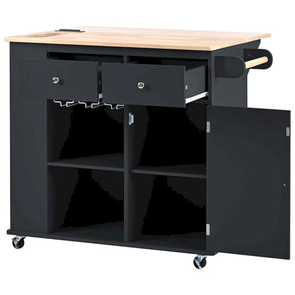 Kitchen Island with Power Outlet,Kitchen Storage Island with Drop Leaf and Rubber Wood - N/A