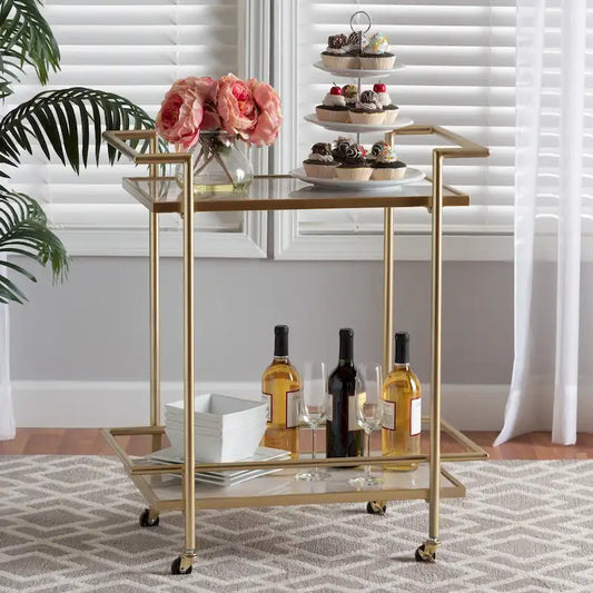 Louise Contemporary Glam and Luxe Gold Metal and White Marble 2-Tier Wine Cart