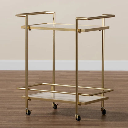 Louise Contemporary Glam and Luxe Gold Metal and White Marble 2-Tier Wine Cart