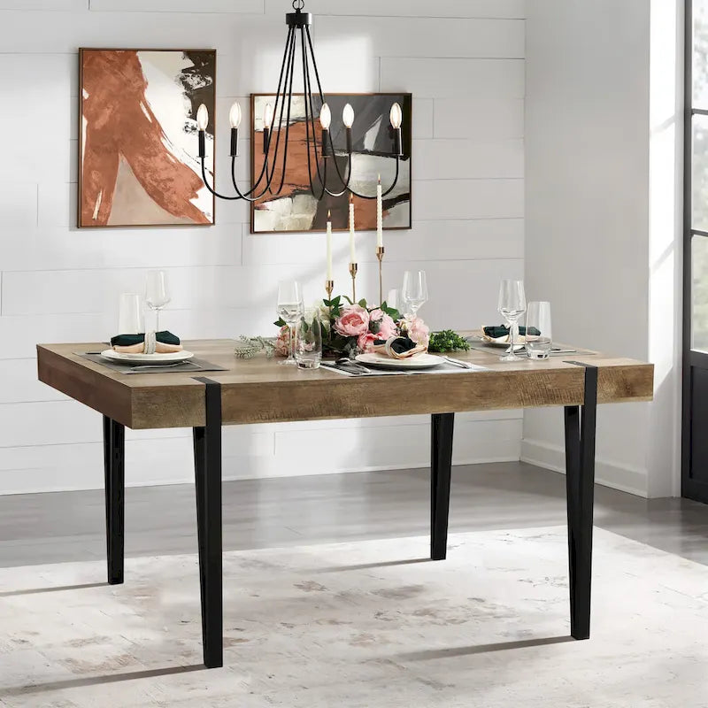 Oak Finish Manufactured Wood 6-Person Dining Table with Black Metal Legs - 30  H x 63  W x 35.5  D