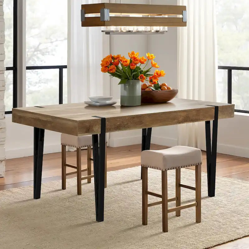 Oak Finish Manufactured Wood 6-Person Dining Table with Black Metal Legs - 30  H x 63  W x 35.5  D