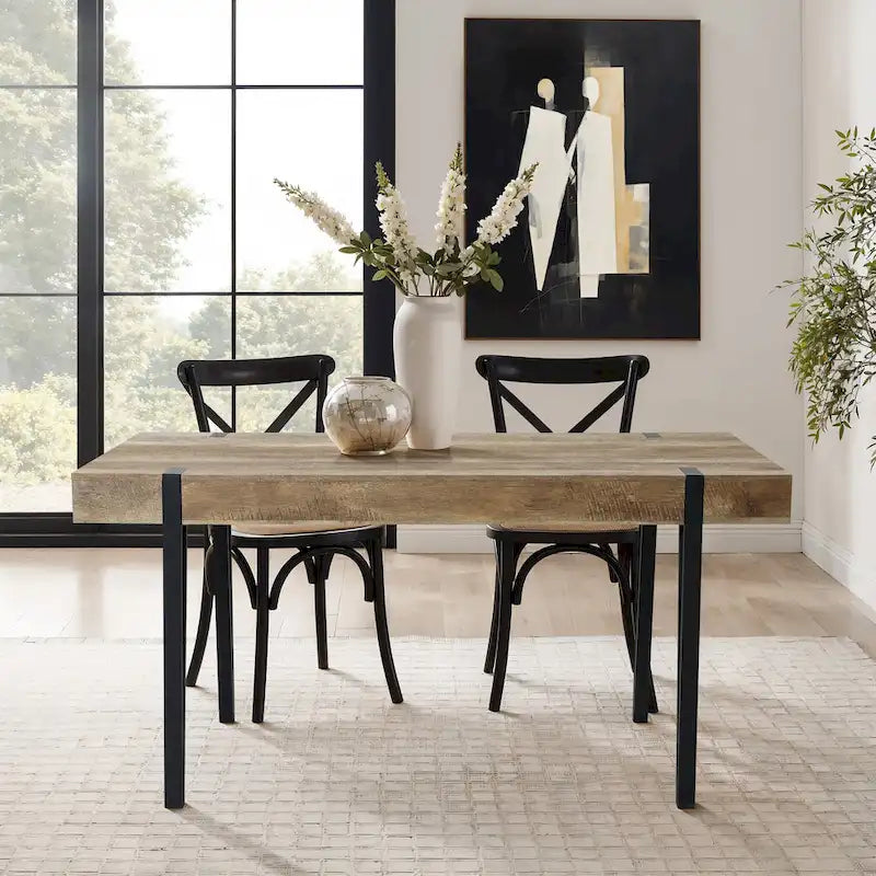 Oak Finish Manufactured Wood 6-Person Dining Table with Black Metal Legs - 30  H x 63  W x 35.5  D