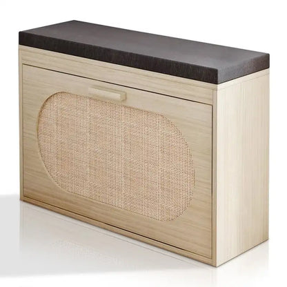 Rattan Shoe Rack Hallway Shoes Srorage Bench with Flip-Drawer and Seat Cushion