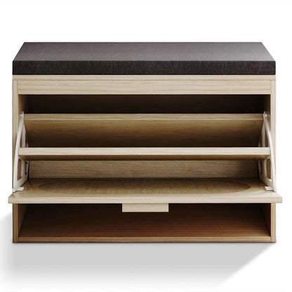 Rattan Shoe Rack Hallway Shoes Srorage Bench with Flip-Drawer and Seat Cushion