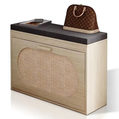 Rattan Shoe Rack Hallway Shoes Srorage Bench with Flip-Drawer and Seat Cushion
