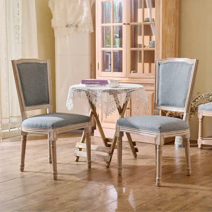Set of 2 French Side Chairs with Carved Wood Legs & Linen Upholstery