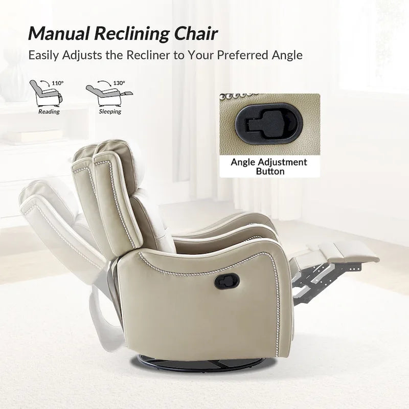 FrancoModern Genuine Leather Swivel Rocker Recliner with Nailhead Trims by HULALA HOME