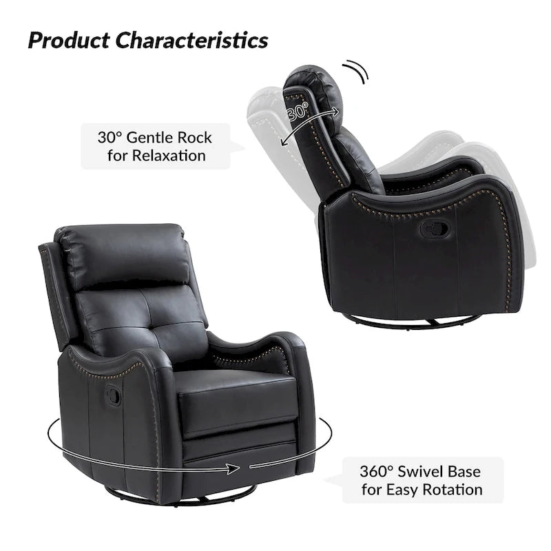 FrancoModern Genuine Leather Swivel Rocker Recliner with Nailhead Trims by HULALA HOME