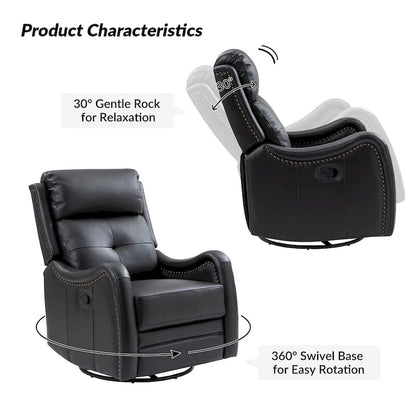 FrancoModern Genuine Leather Swivel Rocker Recliner with Nailhead Trims by HULALA HOME