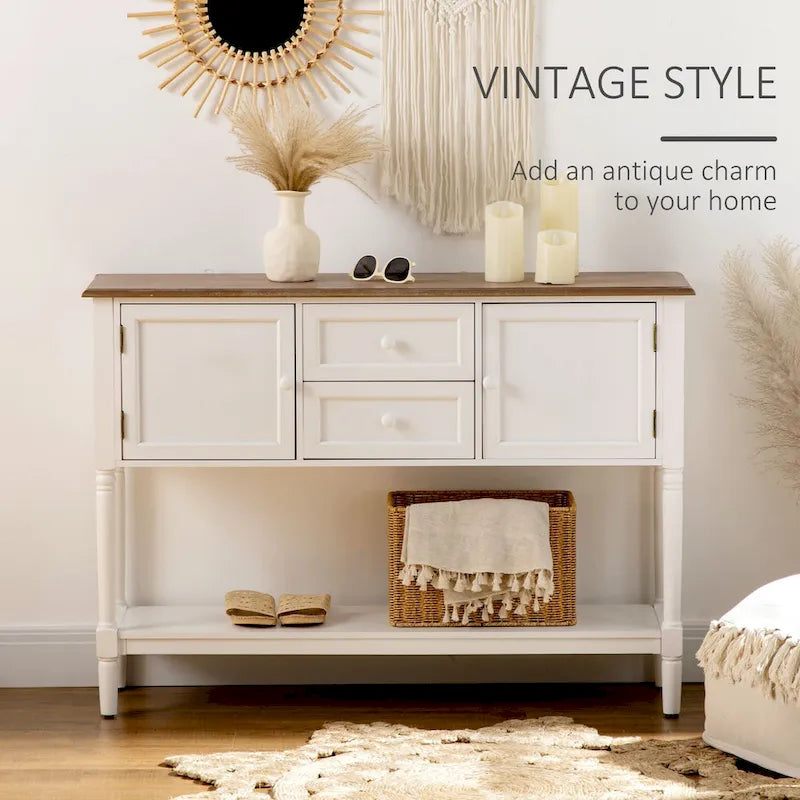HOMCOM Console Table with Drawers, Vintage Entryway Table with 2 Drawers, Cabinets and Bottom Shelf, White