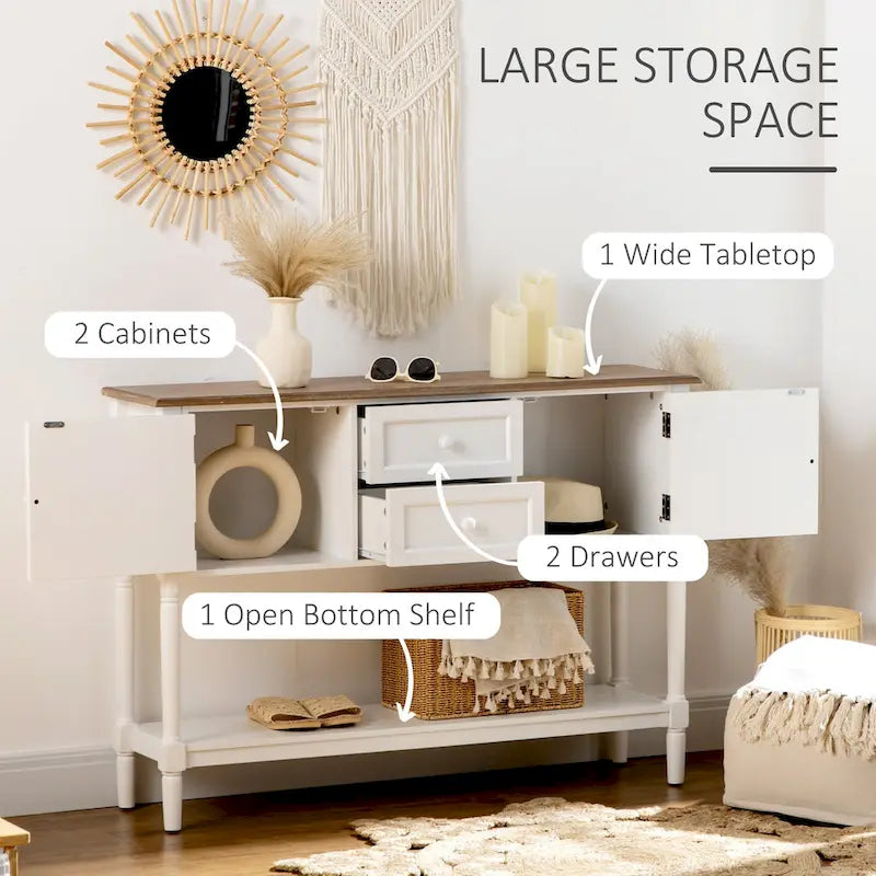 HOMCOM Console Table with Drawers, Vintage Entryway Table with 2 Drawers, Cabinets and Bottom Shelf, White