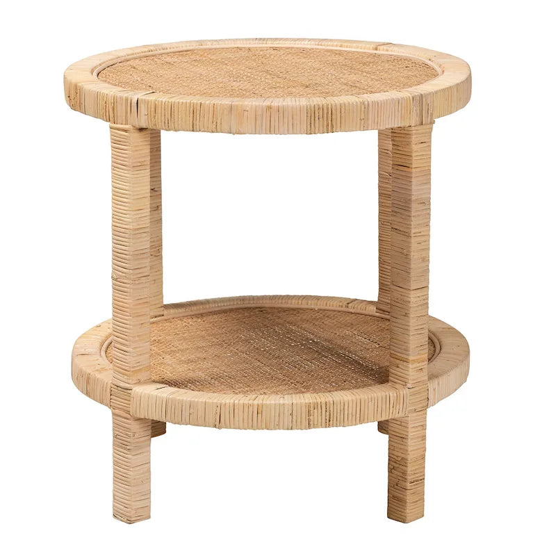 Bella Modern Bohemian Natural Brown Mahogany Wood and Natural Rattan 2-Tier End Table