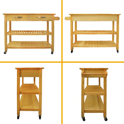 Kitchen Island & Kitchen Cart, Mobile Kitchen Island with Two Lockable Wheels, Rubber Wood Top, Simple Design