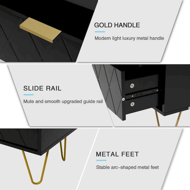 Set of 2 Nightstand 2 Drawer End Side Table Bedside Metal Legs Modern Bedroom Living Room