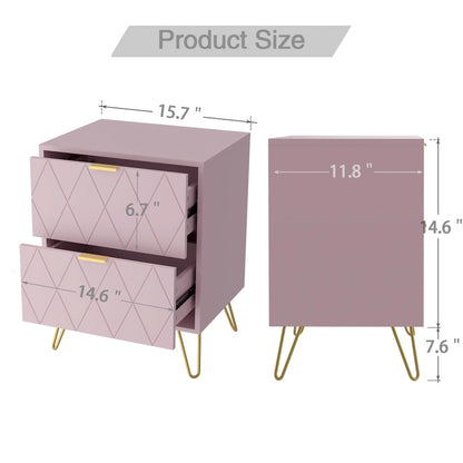 Set of 2 Nightstand 2 Drawer End Side Table Bedside Metal Legs Modern Bedroom Living Room