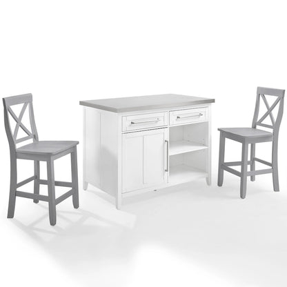 Crosley Silvia Stainless Steel Top Kitchen Island W/X-Back Stools - 57d x 46w x 41h